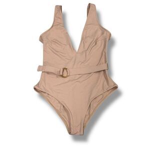 Melissa Odabash Belize Tan One Piece Swimsuit Belted V-Neck Luxury Resort Size 6